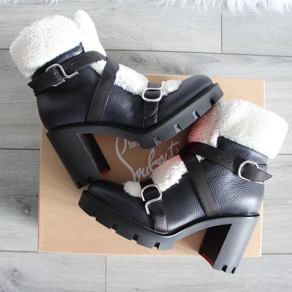 Christian Louboutin Black Cream Pole Chic 70mm Shearling Heeled Ankle Boot - Picture 6 of 12